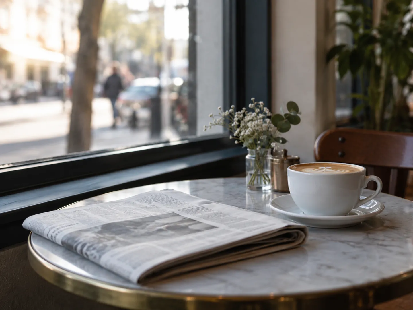 A folded newspaper and a cup of coffee on a small café table by a window in soft morning light